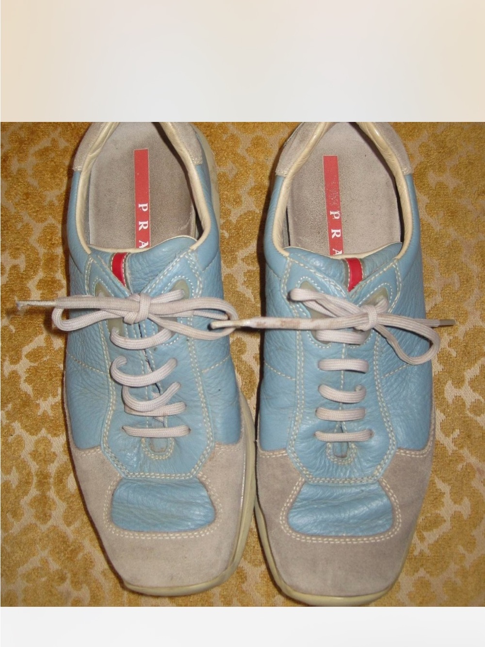 Prada Teal & Gray Leather Lace-Up Sneakers with Red Tongue Stripe - Picture 6 of 8
